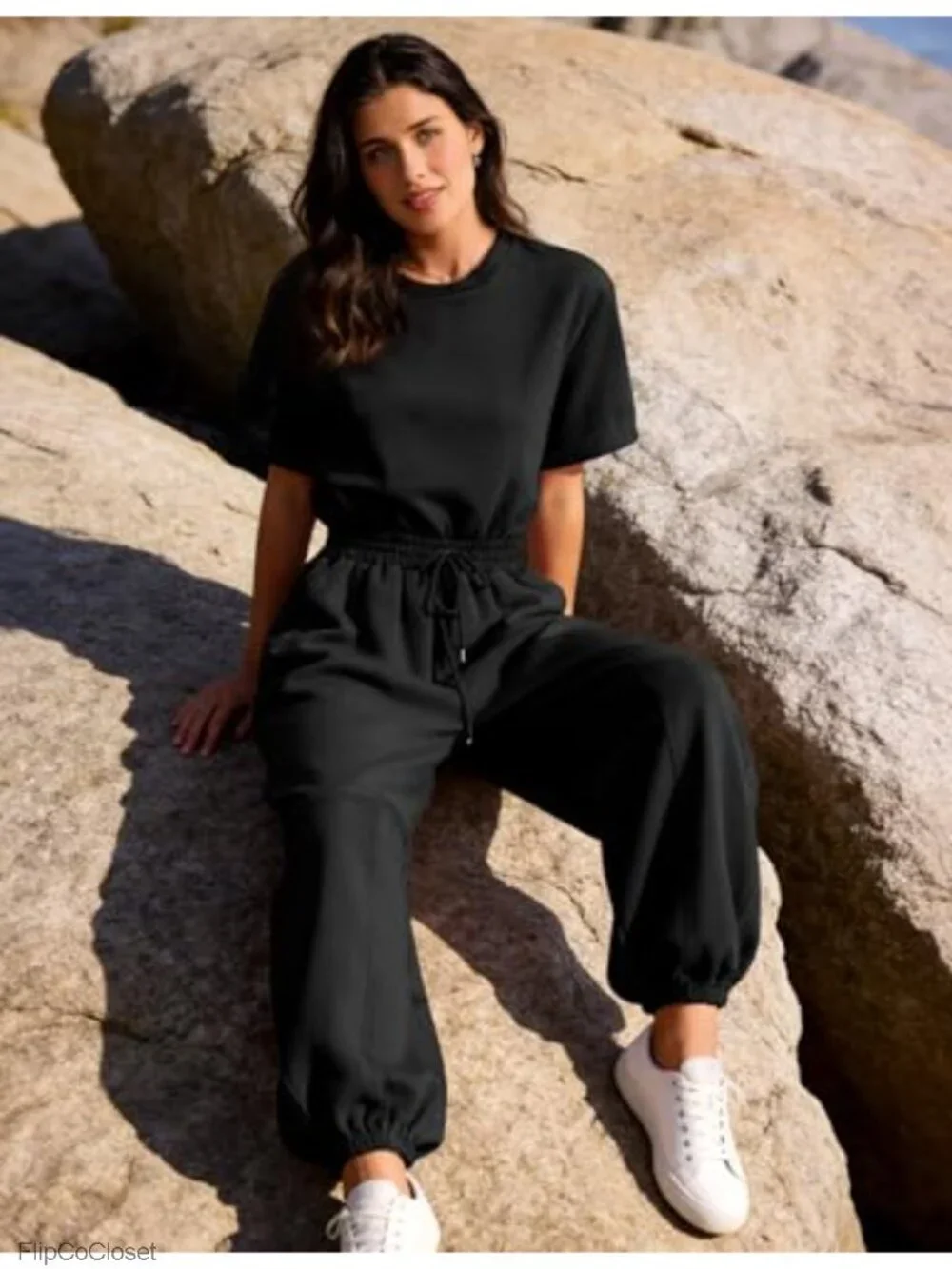 Womens One Piece Jumpsuit Casual Crewneck Wide Leg Romper Short Sleeve Cotton